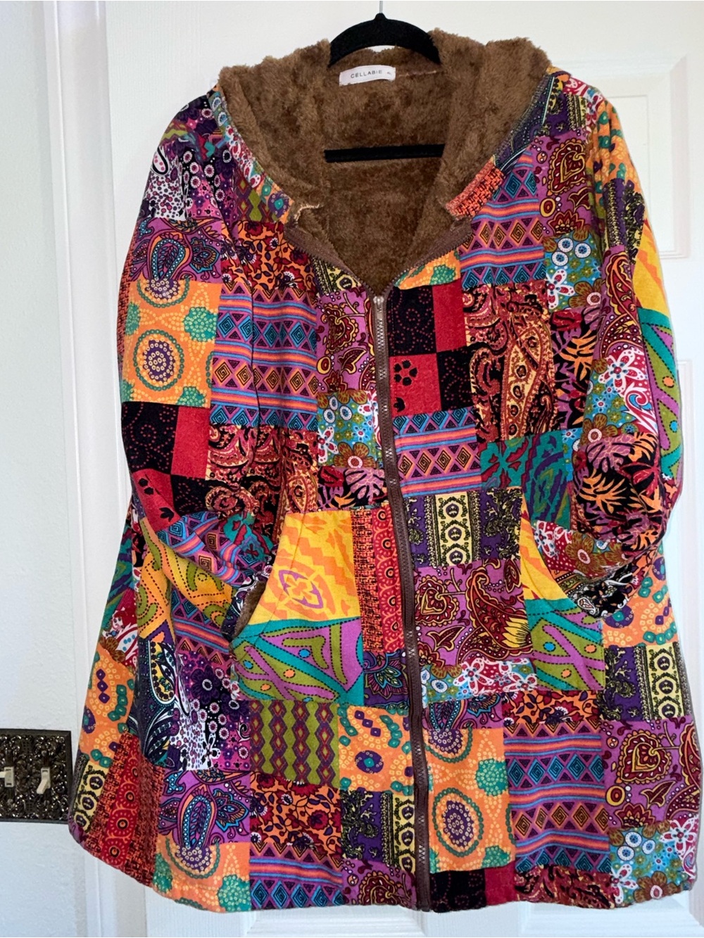 Cellabie Boho Patchwork Faux Fur Lined Hooded Full Zip Jacket - Sz 4XL